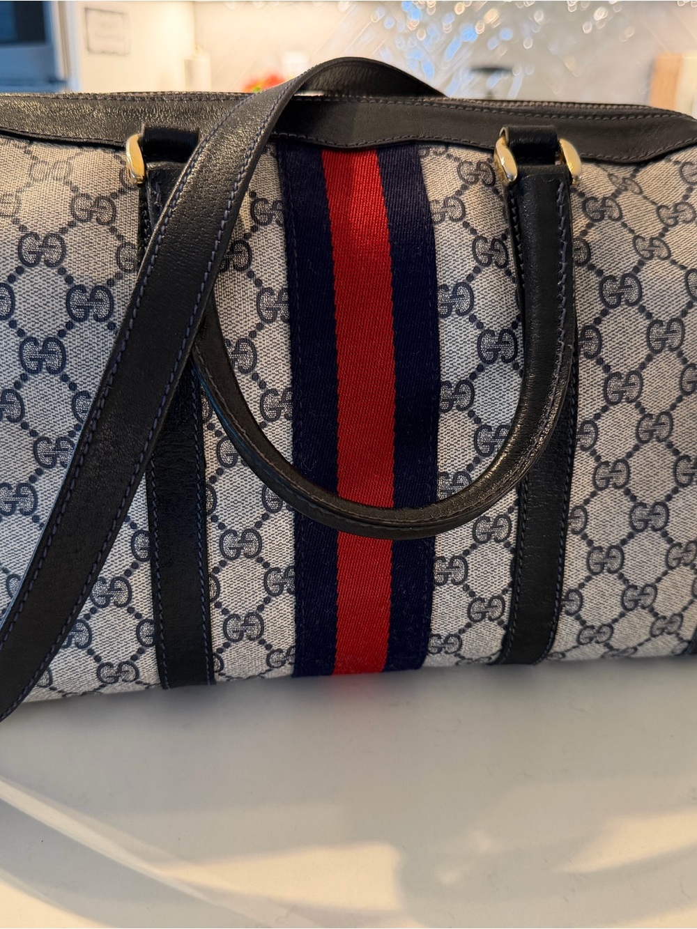 Gucci Blue & Red Boston Canvas Shoulder Tote